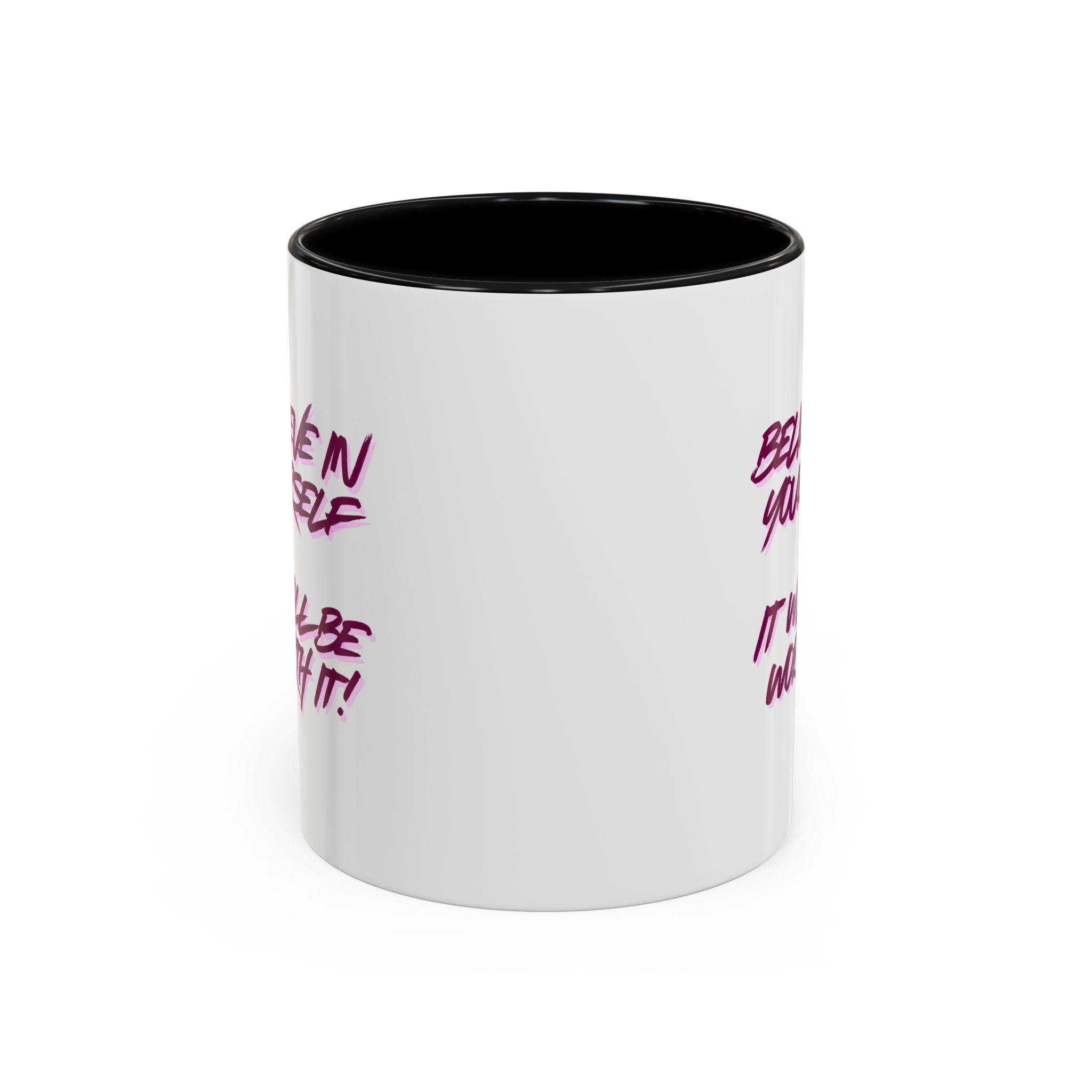 Believe In Yourself Accent Coffee Mug — Motivational Pink Brush Script, 11/15oz