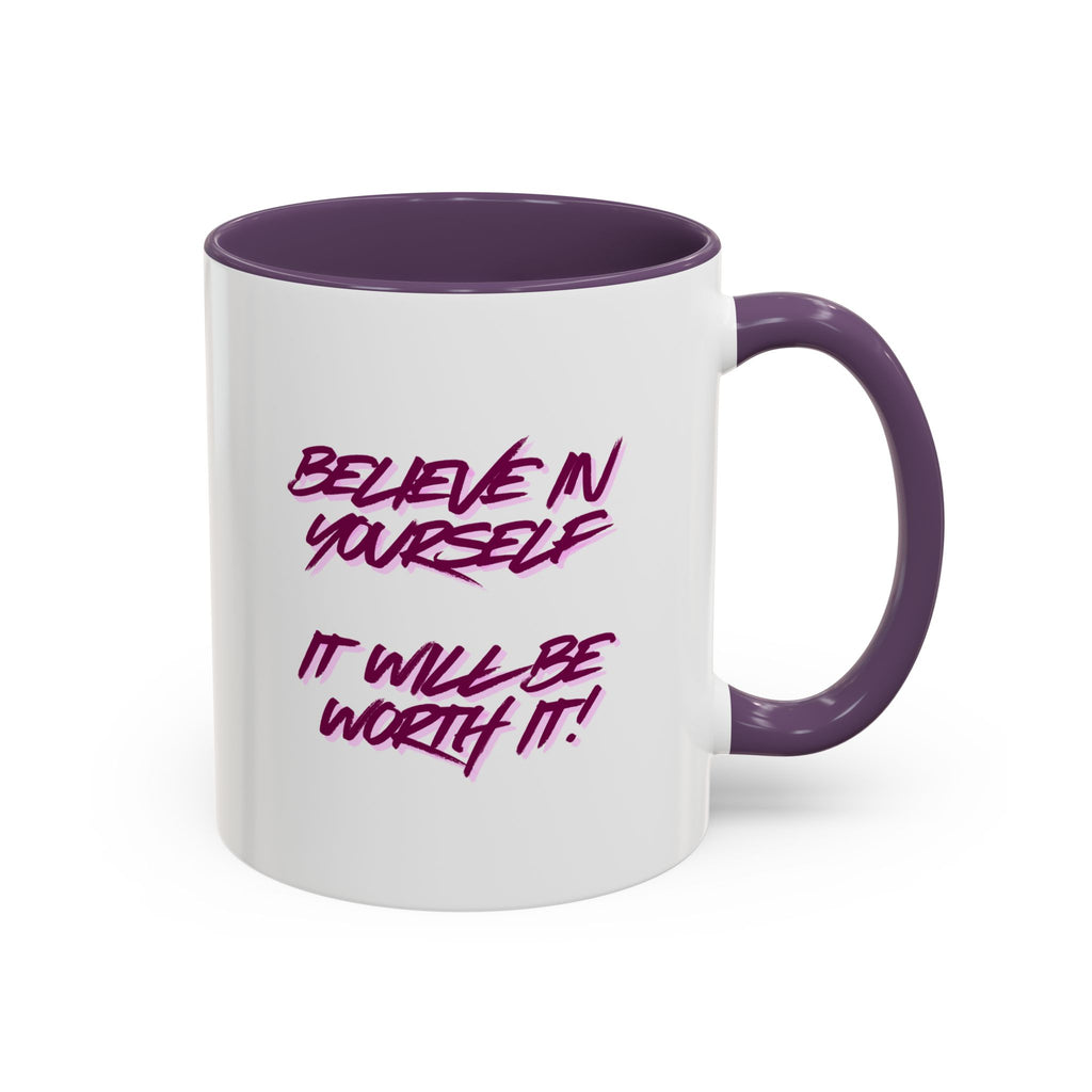 Believe In Yourself Accent Coffee Mug — Motivational Pink Brush Script, 11/15oz