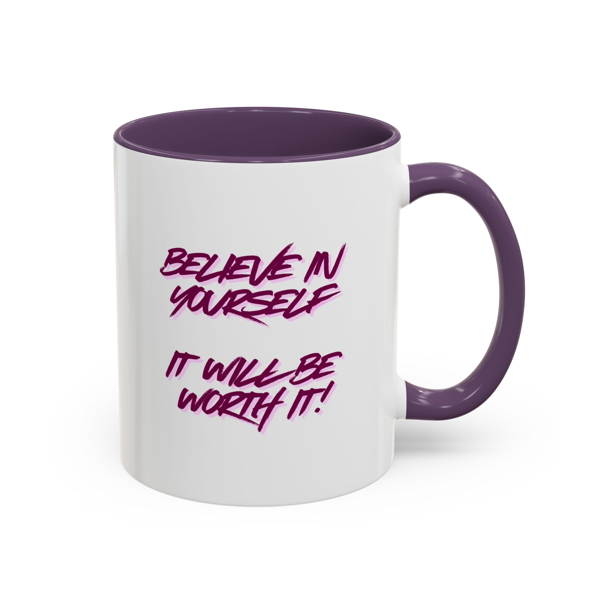 Believe In Yourself Accent Coffee Mug — Motivational Pink Brush Script, 11/15oz