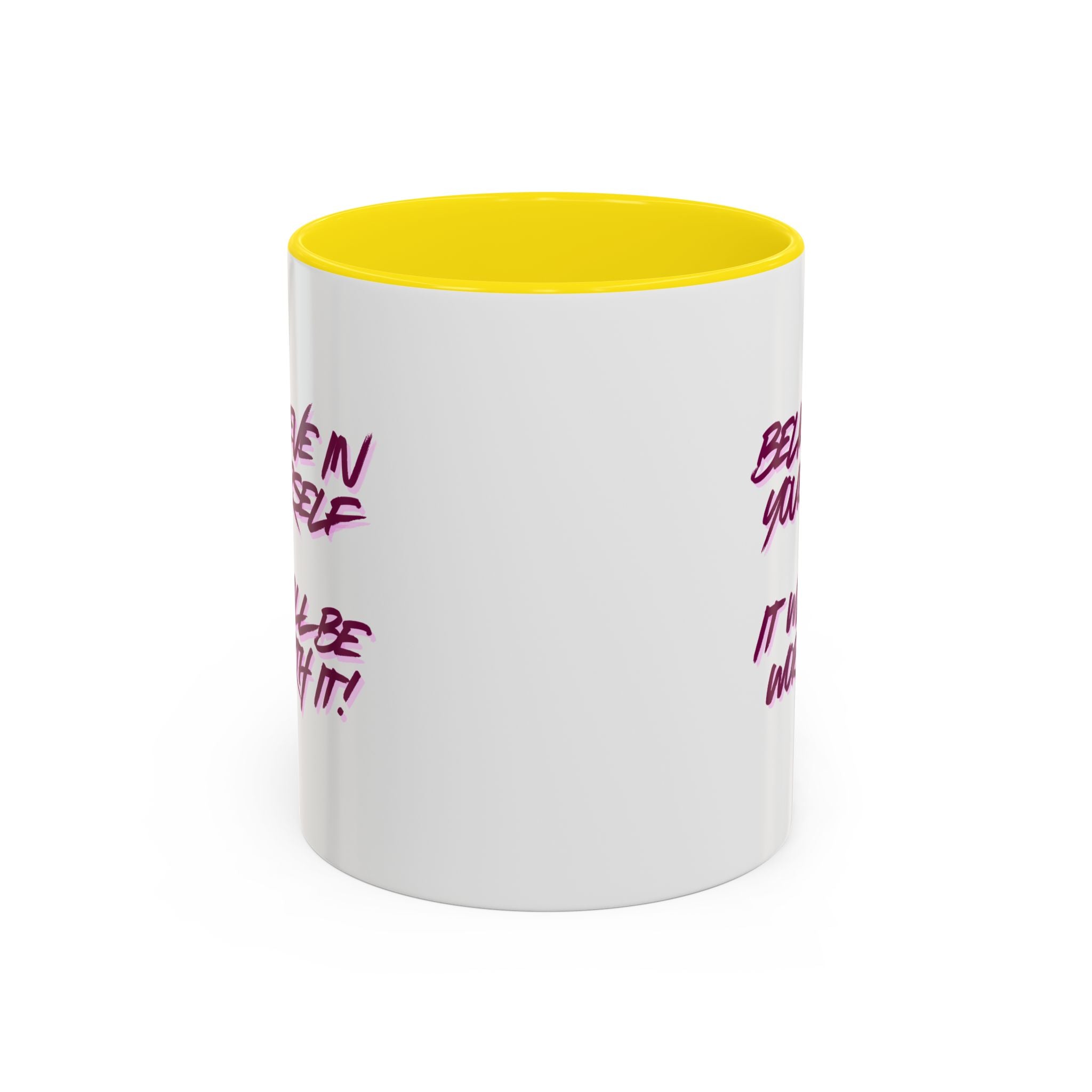 Believe In Yourself Accent Coffee Mug — Motivational Pink Brush Script, 11/15oz