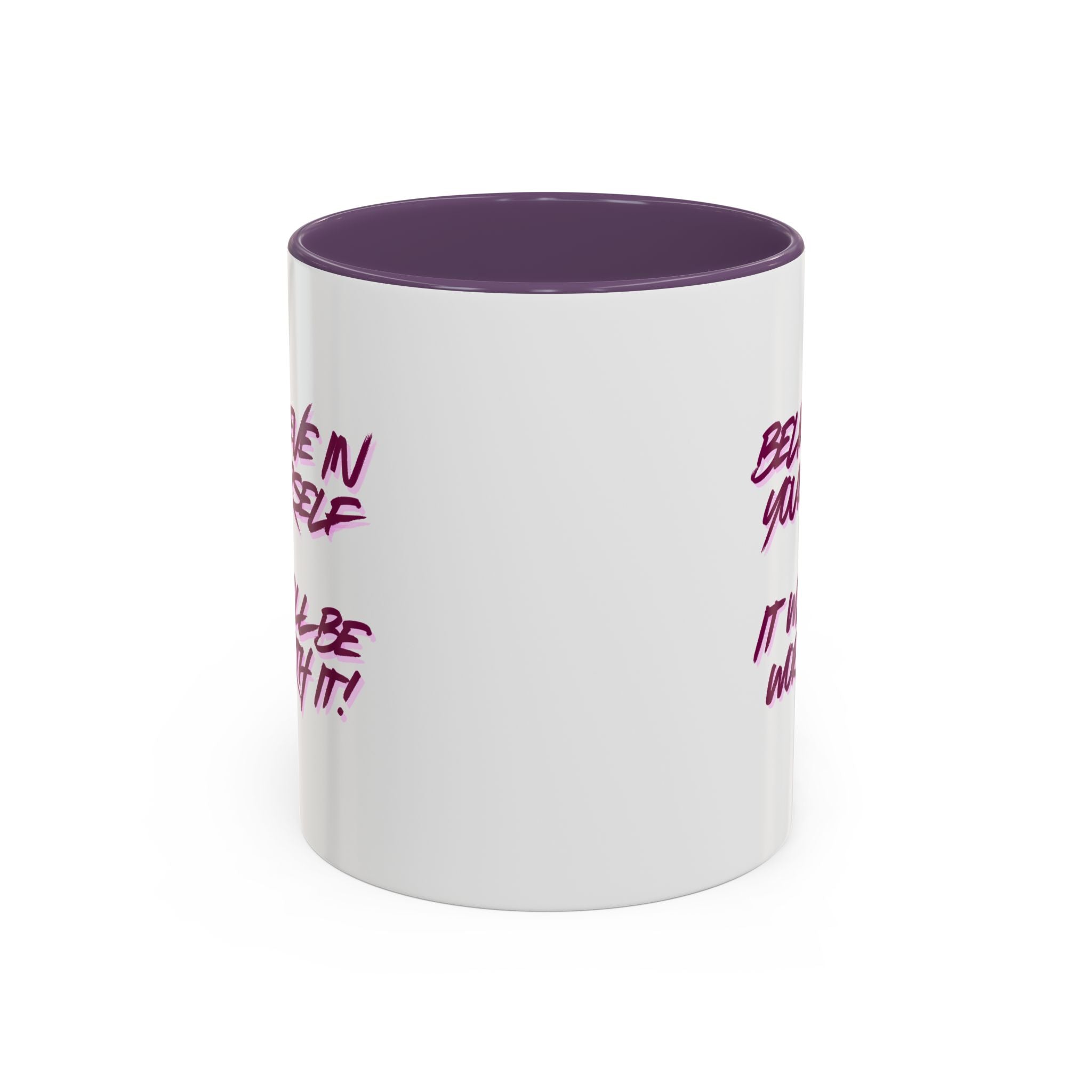 Believe In Yourself Accent Coffee Mug — Motivational Pink Brush Script, 11/15oz