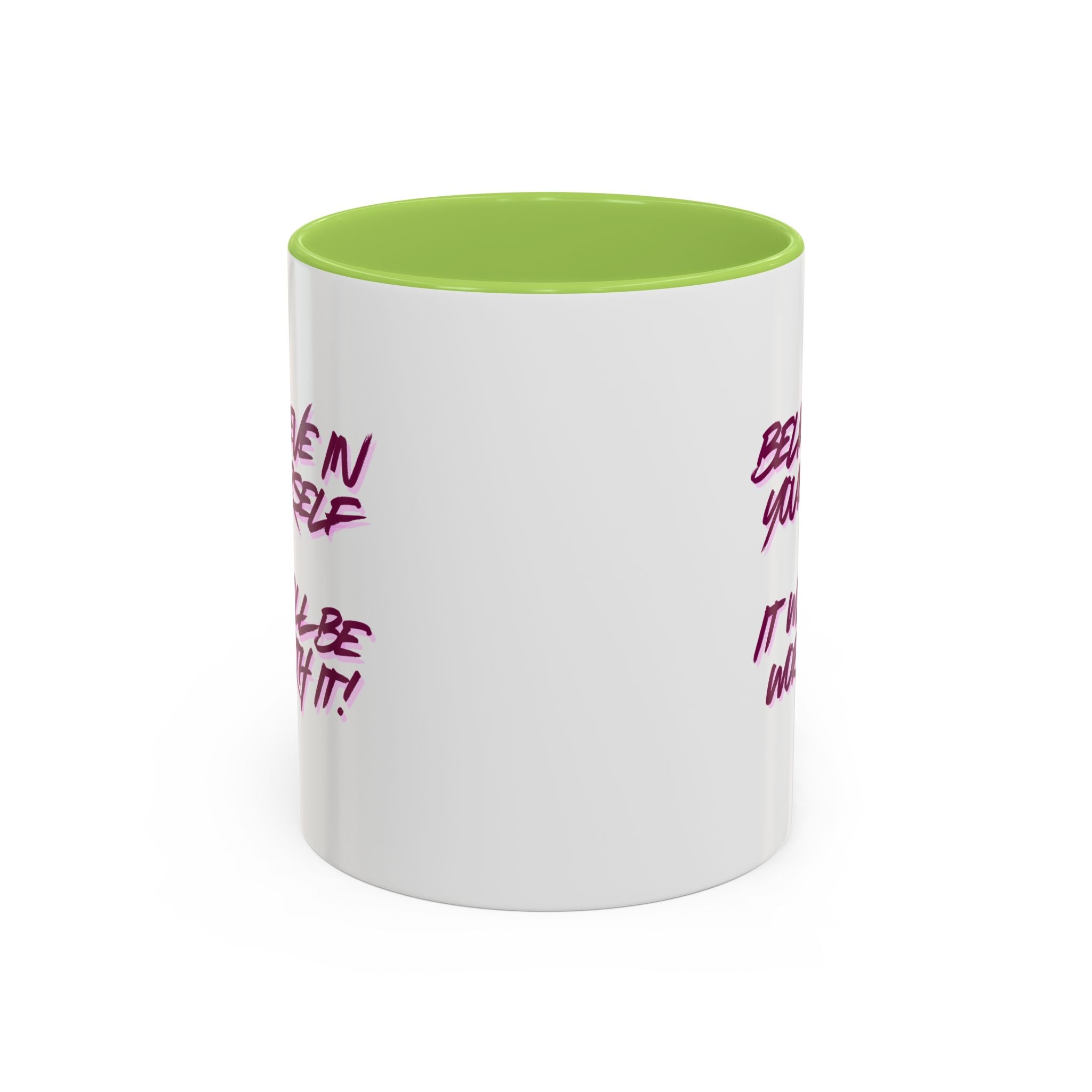 Believe In Yourself Accent Coffee Mug — Motivational Pink Brush Script, 11/15oz