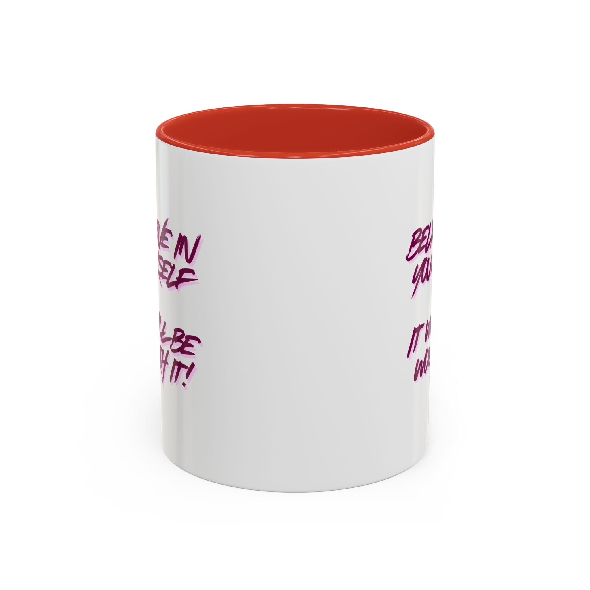 Believe In Yourself Accent Coffee Mug — Motivational Pink Brush Script, 11/15oz