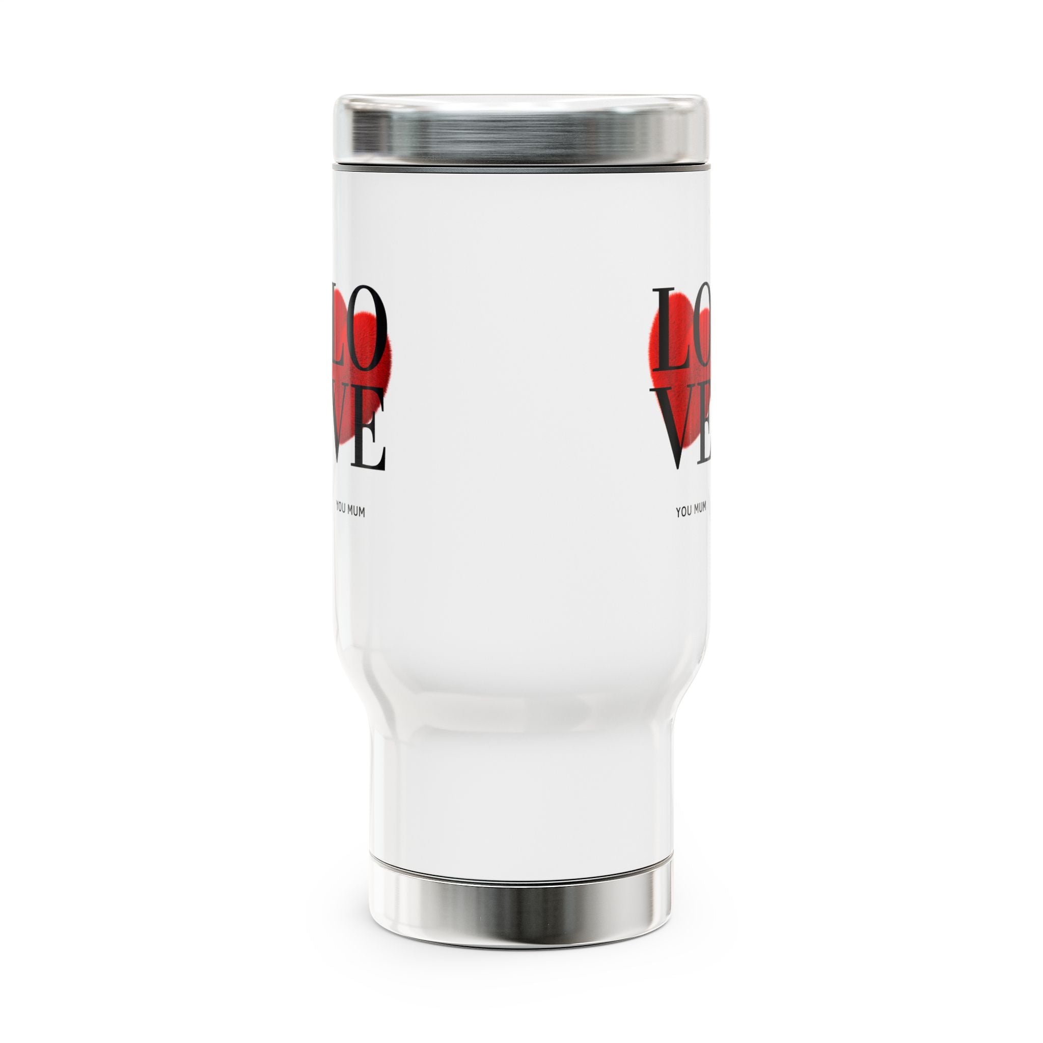 Love Heart Travel Mug – 'Love You Mum' 14oz Stainless Steel Coffee Tumbler with Handle