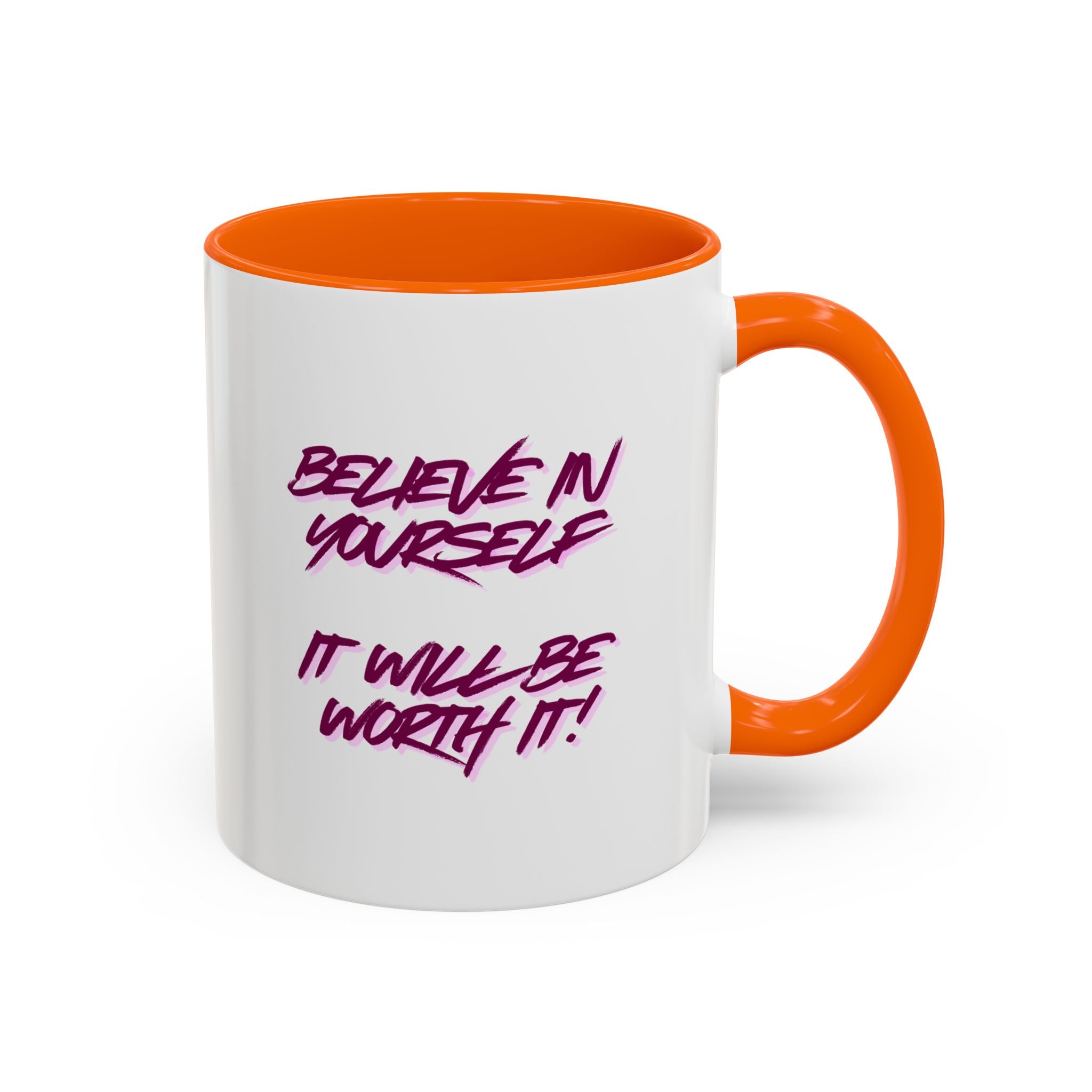 Believe In Yourself Accent Coffee Mug — Motivational Pink Brush Script, 11/15oz